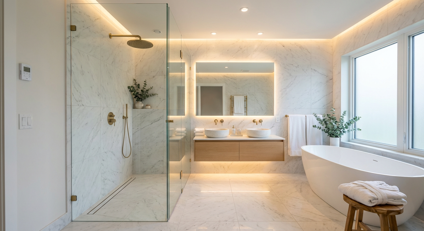 Luxury remodeled bathroom with marble tile, frameless glass shower, and freestanding soaking tub