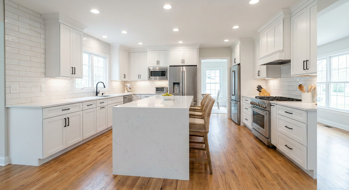 Modern remodeled kitchen with white shaker cabinets, quartz island, and new appliances