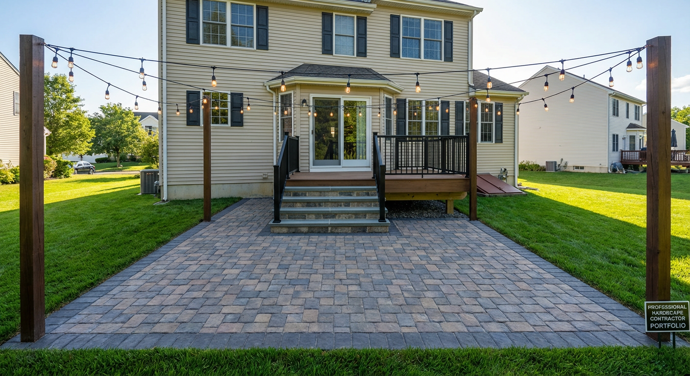 Completed Unilock tumbled paver patio with bluestone steps - Wayne NJ