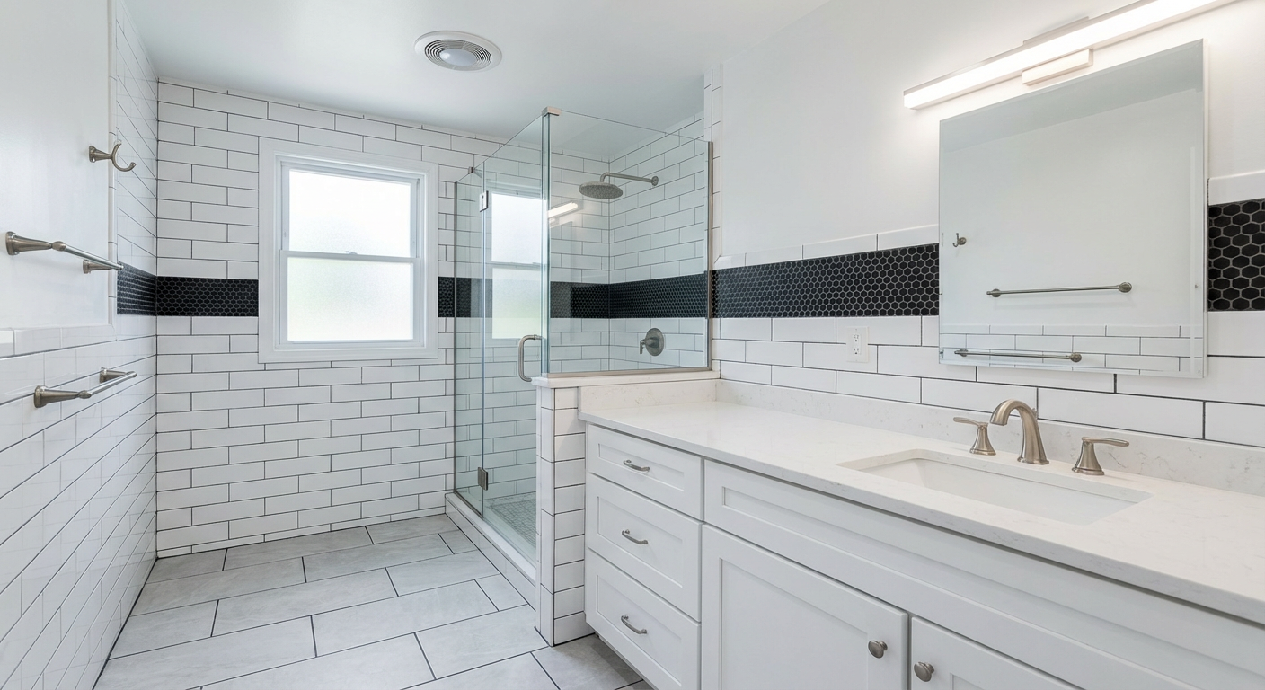 Completed master bathroom remodel with double vanity and subway tile - Totowa NJ