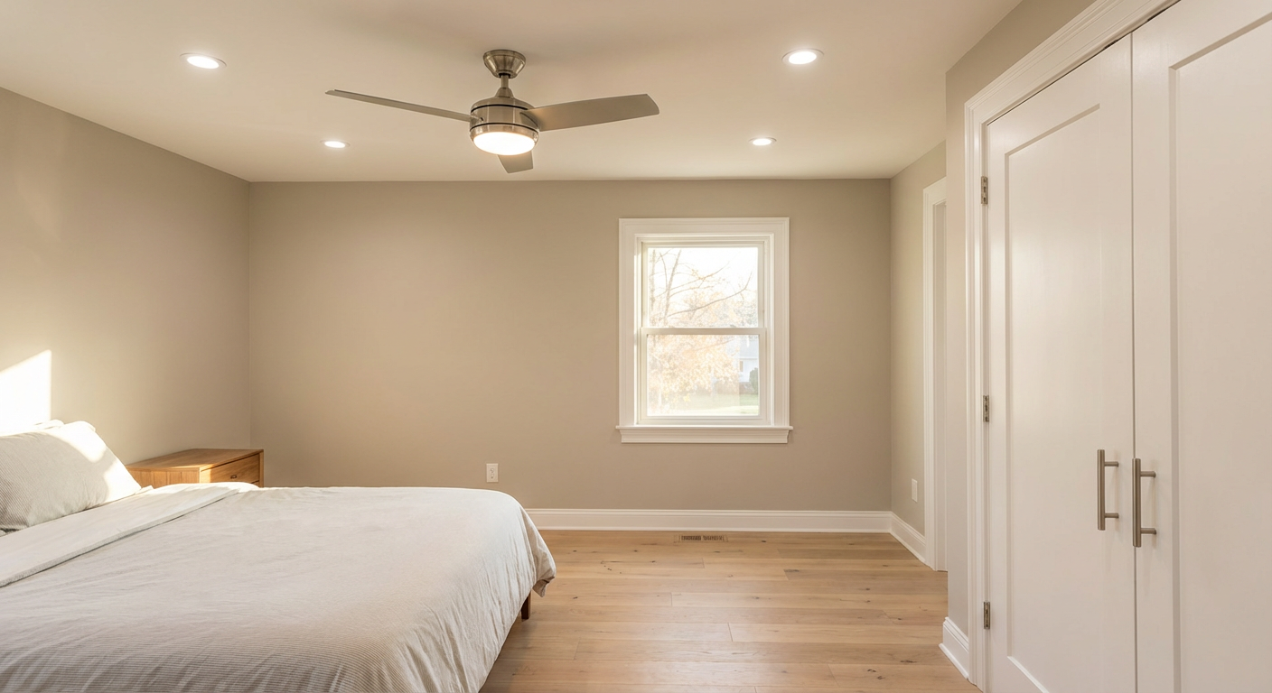 Completed master bedroom with smooth ceiling, engineered hardwood and recessed lighting - Passaic NJ
