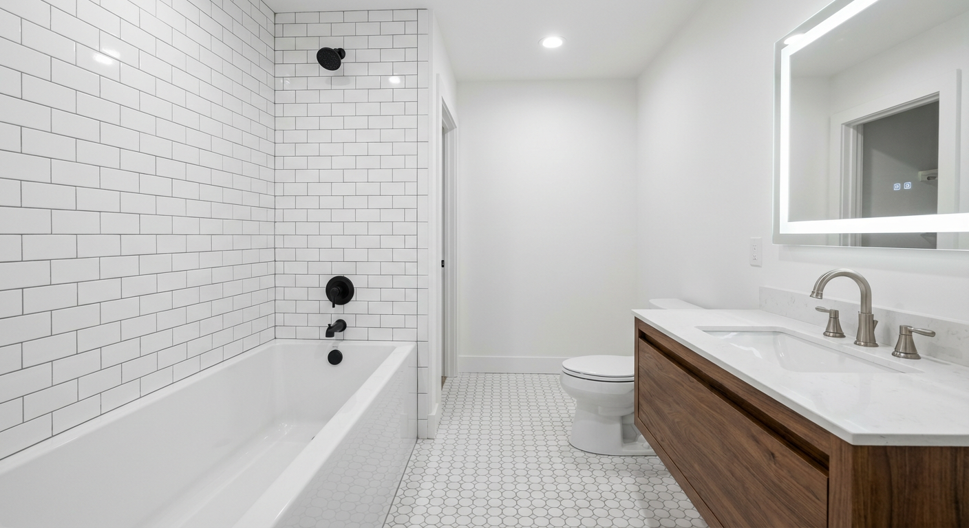 Completed guest bathroom with subway tile surround, hex floor and floating vanity - Totowa NJ