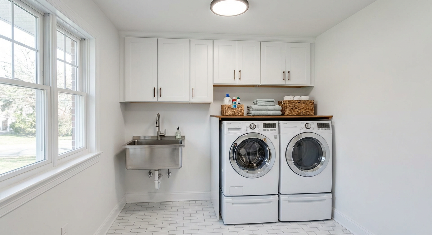 Completed laundry room renovation with upper cabinets and porcelain tile - Hackensack NJ