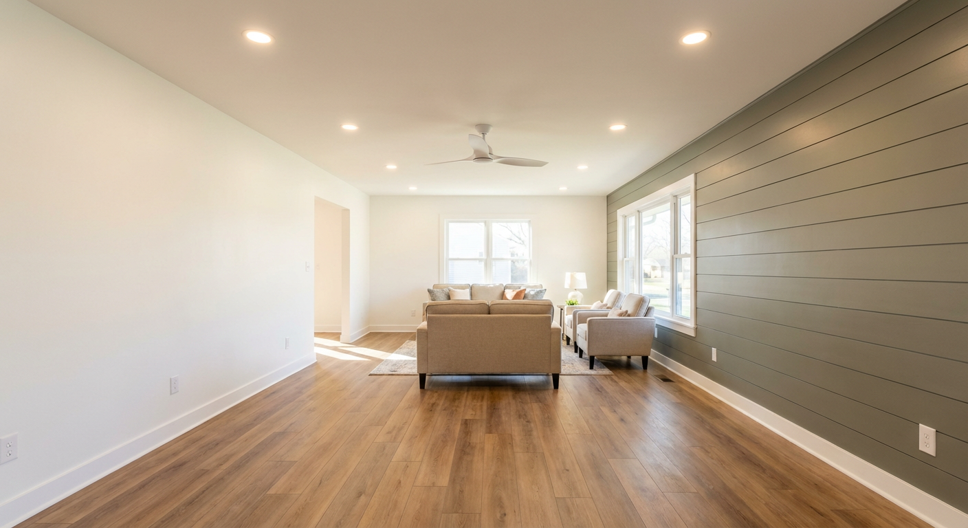 Completed living room renovation with shiplap accent wall and LVP flooring - Fairfield NJ
